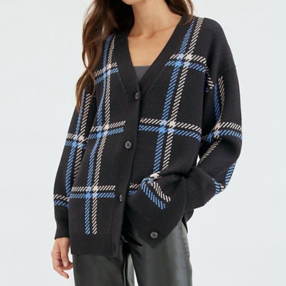 Babaton Black Plaid Button-Front Cardigan with Blue and Cream Stripes